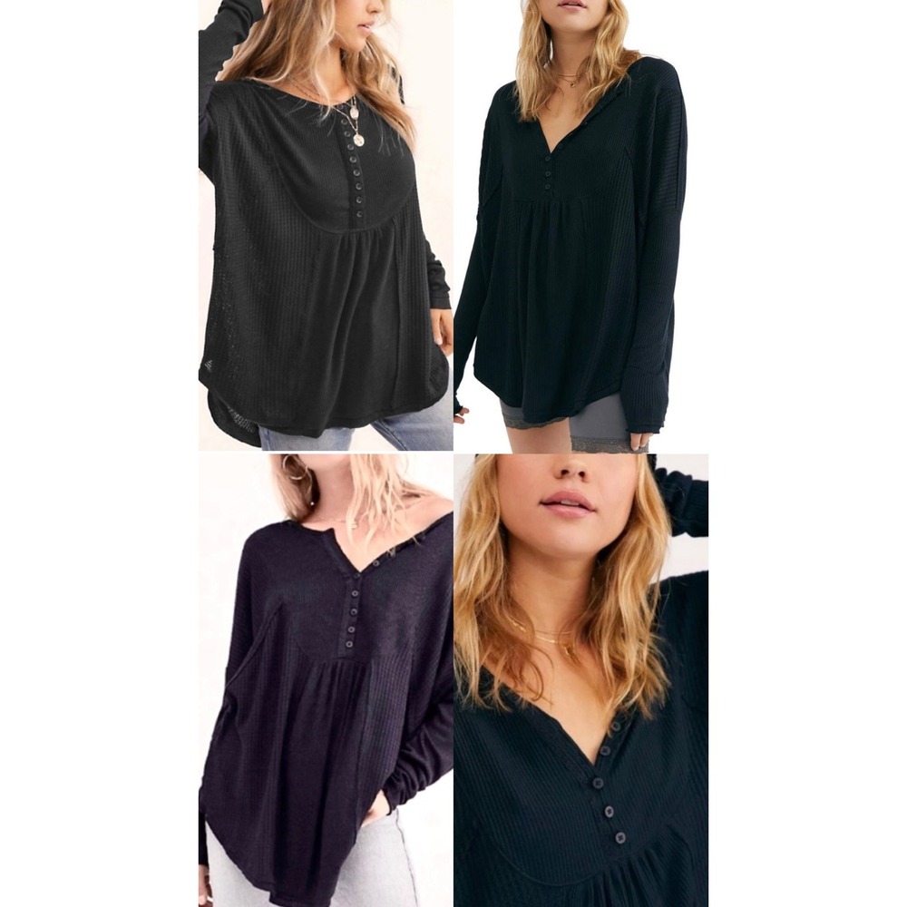 Free People One of the Girls Henley Top Black Waffle Knit Thermal Oversized Med